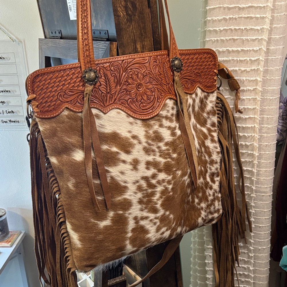 Brown and Tan Leather Fringe Tote Bag